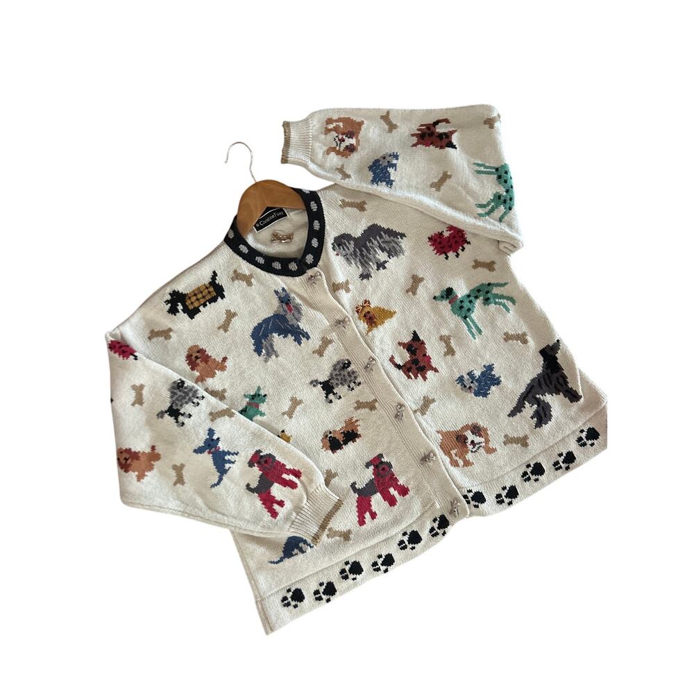 Vintage Christine Foley DOG CARDIGAN Bone Buttons Paws 3-D Knit Sweater L Large
